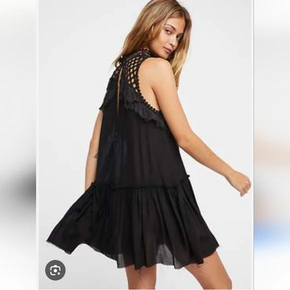 Free People Jolie Mini Dress in Black Small Sleeveless Raw Edge Hem Lace Neck XS - Picture 3 of 3